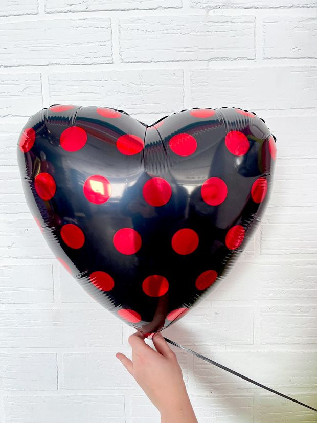 F Шар сердце 18" / 46 см "Горох. Красный на черном" (БГ-15)