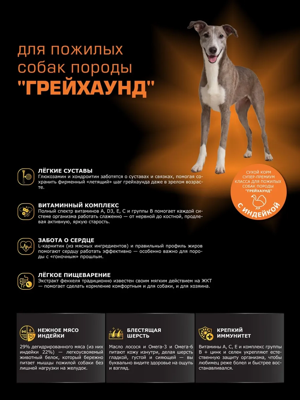 Корм для Грейхаунд старше 5 лет, с индейкой, 12 кг