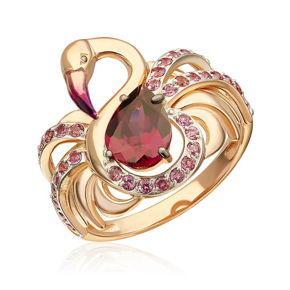 Кольцо «Розовый фламинго» из красного золота с гранатами и эмалью