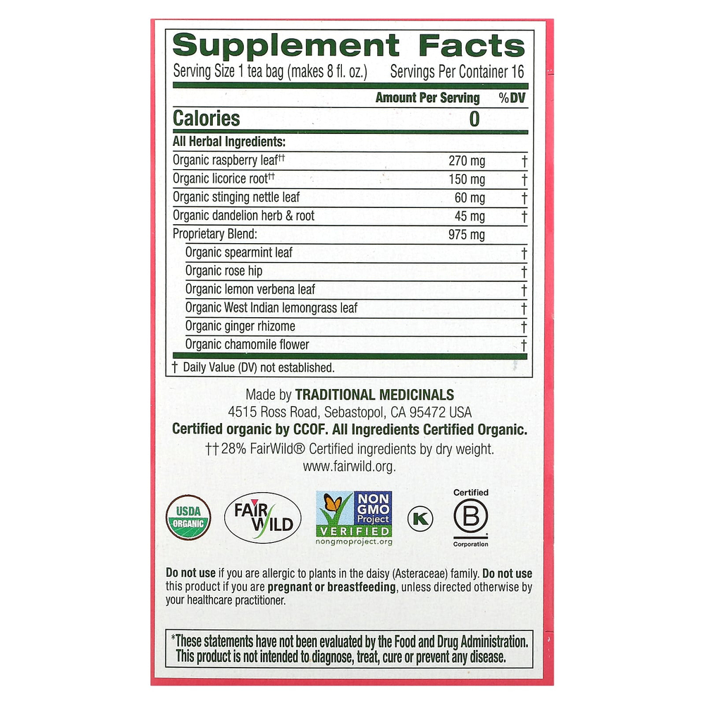 Traditional Medicinals, Organic Healthy Cycle®, листья малины, без кофеина, 16 упакованных чайных пакетиков, 24 г (0,85 унции)