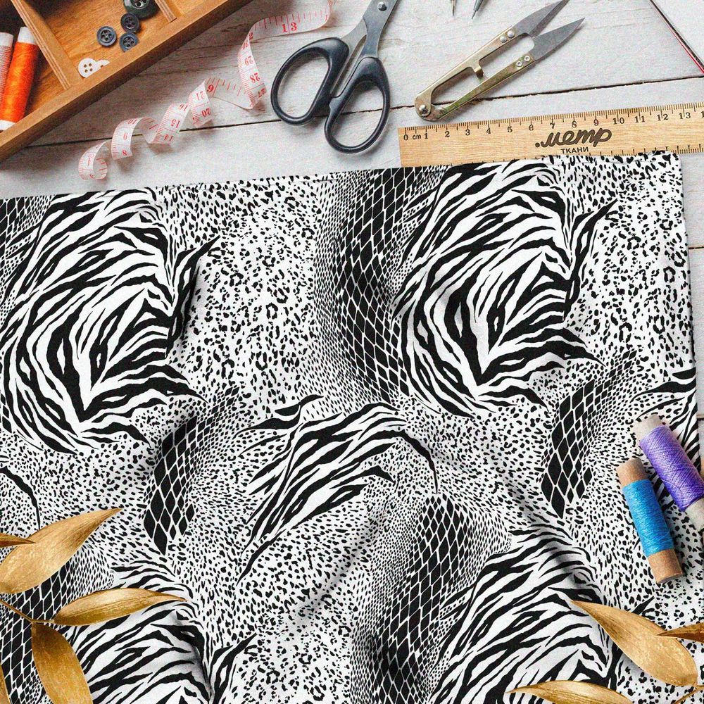 Ткань таффета чёрно-белые принты животных