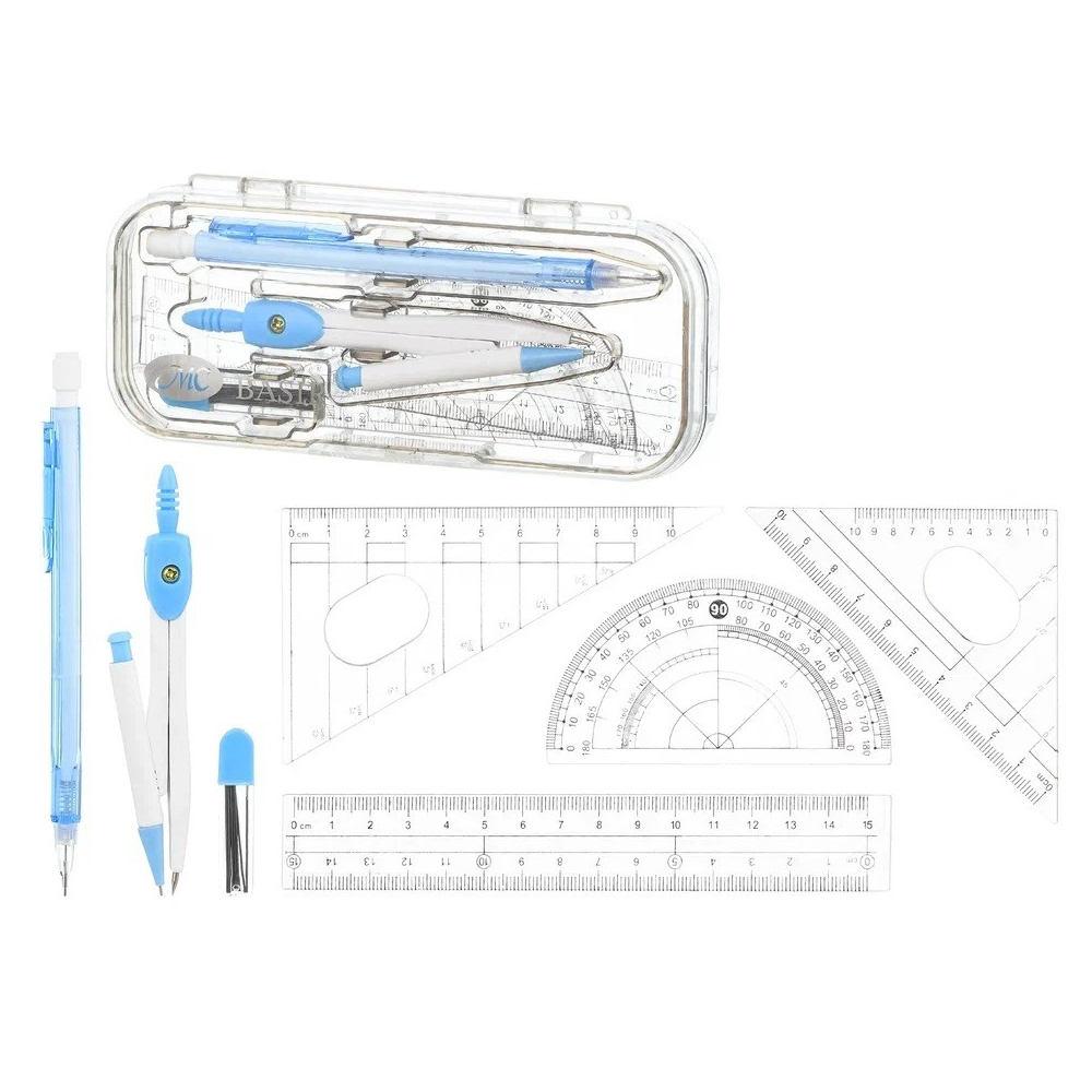 Готовальня Basir 7 предметов в пластиковом футляре, серия "Авокадо", циркуль с запасными частями + набор пластиковых линеек