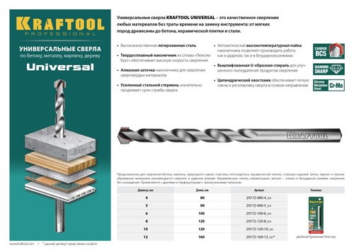 KRAFTOOL UNIVERSAL 12 х 160 мм сверло универсальное по металлу, бетону, кирпичу, керамике PROFESSIONAL