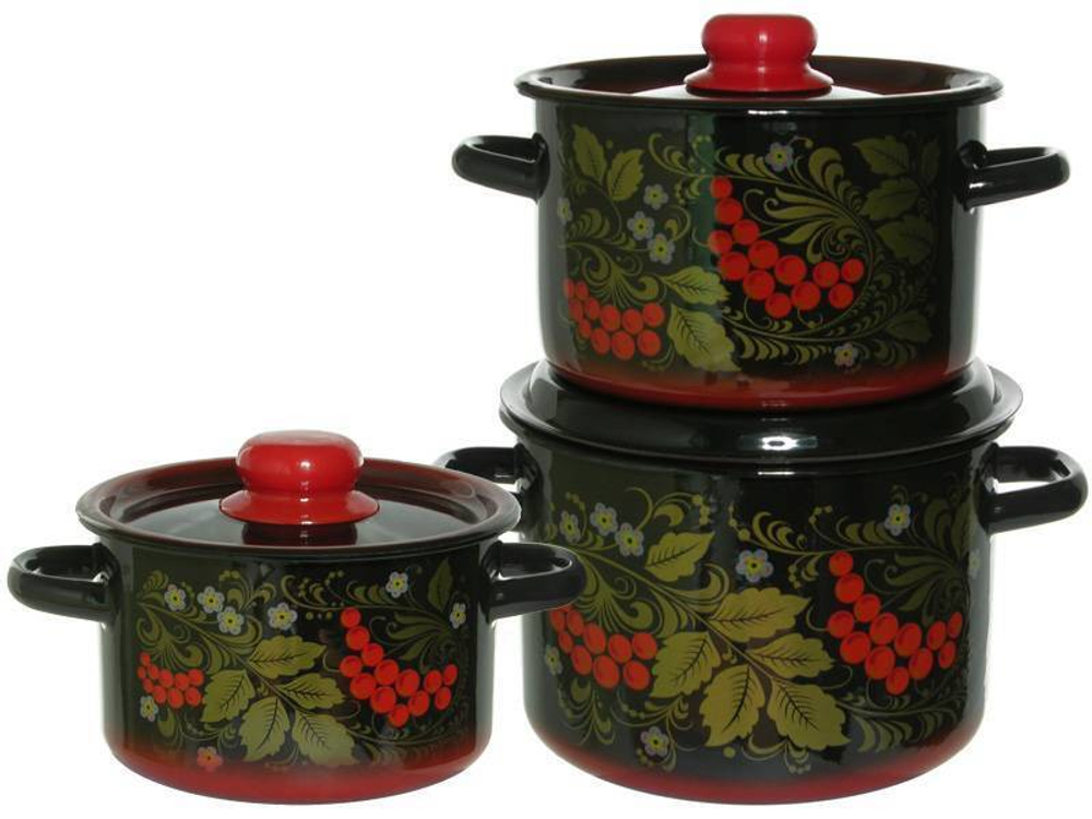 Набор кастрюль "Рябина" черная с красной тонировкой