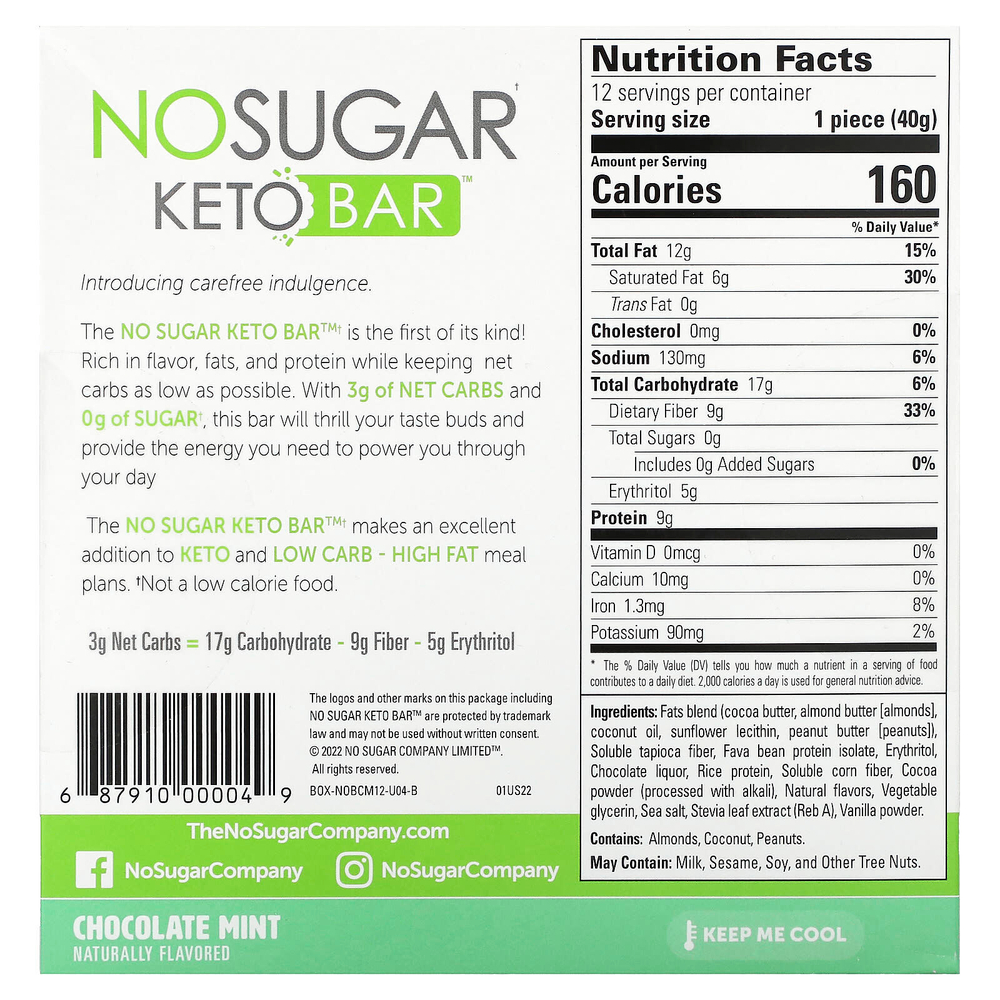 No Sugar Company, Keto Bar, батончик с шоколадом и мятой, 12 батончиков по 40 г (1,41 унции)