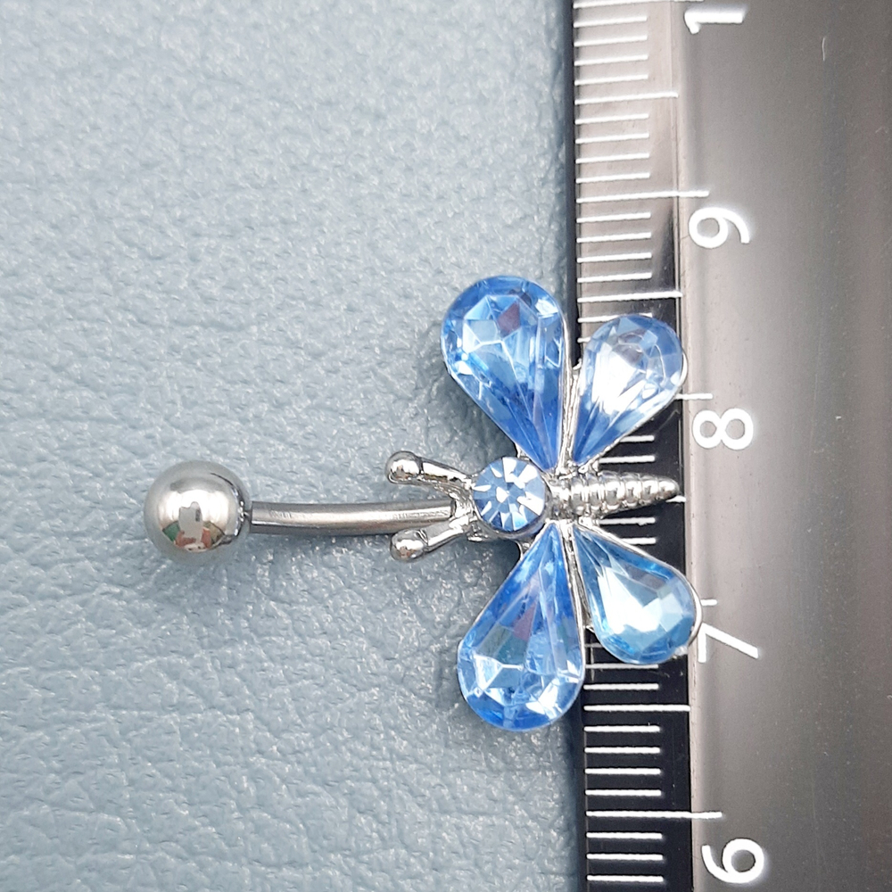 Украшение для пирсинга пупка "Мотылек" с голубыми кристаллами. Медицинская сталь
