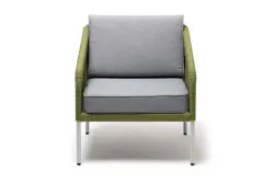 "Канны" кресло плетеное из роупа, каркас алюминий светло-серый (RAL7035) муар, роуп салатовый меланж круглый, ткань светло-серая