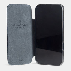 Чехол-книжка кожаная для iPhone 16 Pro Max, питон синего цвета