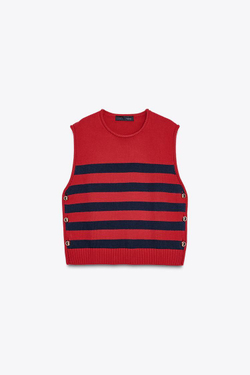 ZARA ТРИКОТАЖНЫЙ ЖИЛЕТ С БОКОВЫМИ ПУГОВИЦАМИ, ПОЛОСКИ
