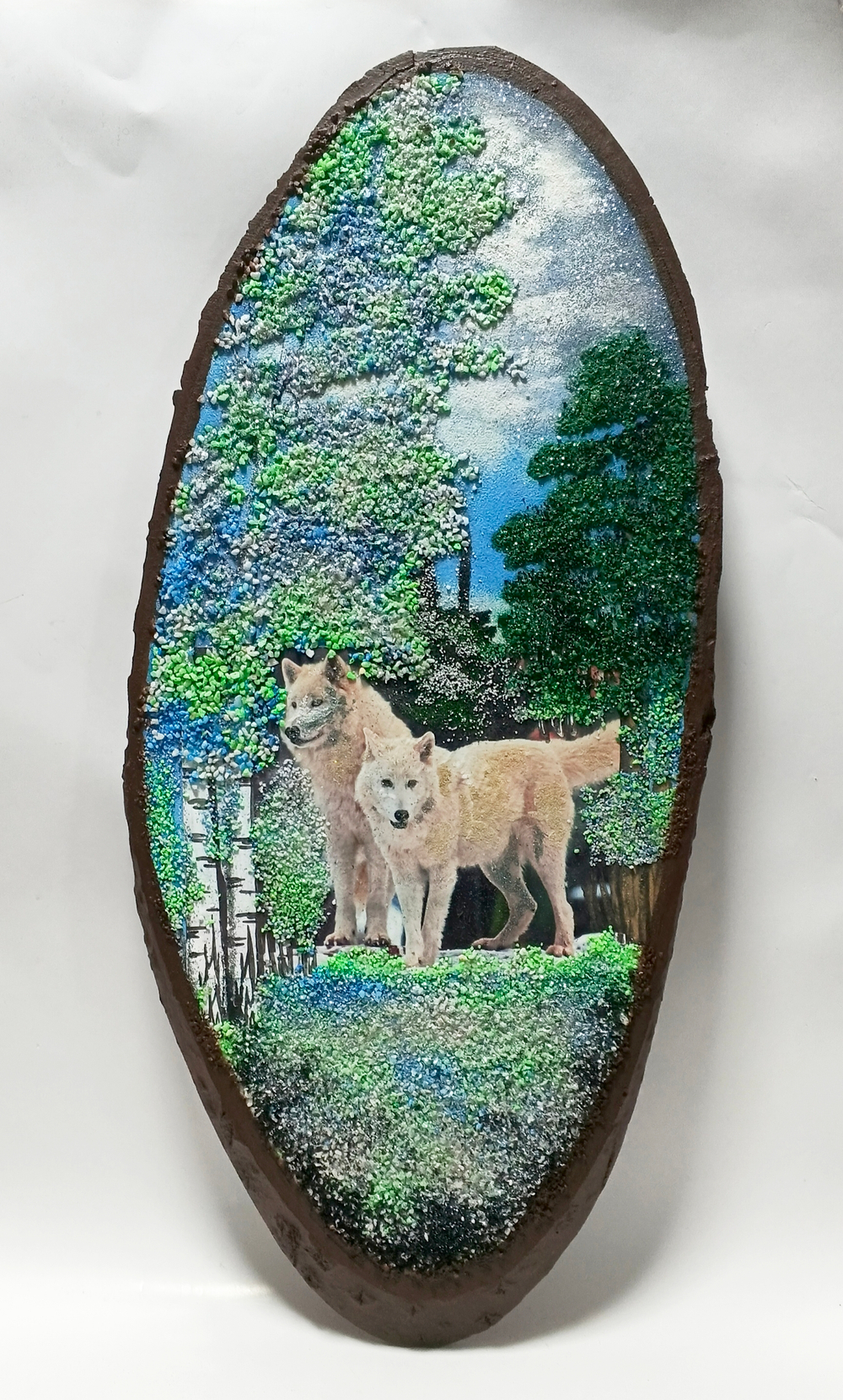 Панно на срезе дерева " Волки " 65см