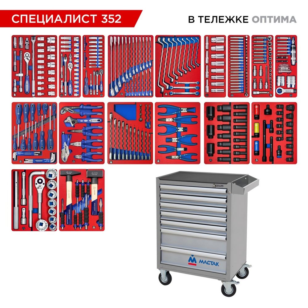 МАСТАК (52-07352G) Набор инструментов 352 предмета, "СПЕЦИАЛИСТ 352", в серой тележке