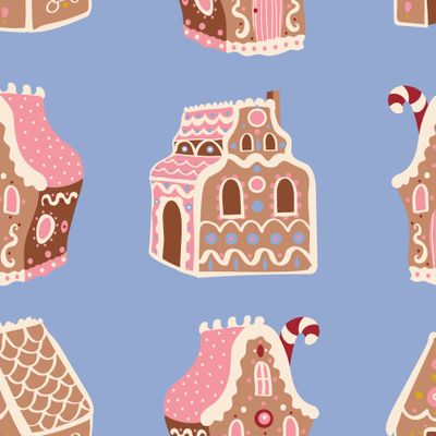 Новогодние пряничные домики на голубом фоне. Рождество. Christmas gingerbread houses