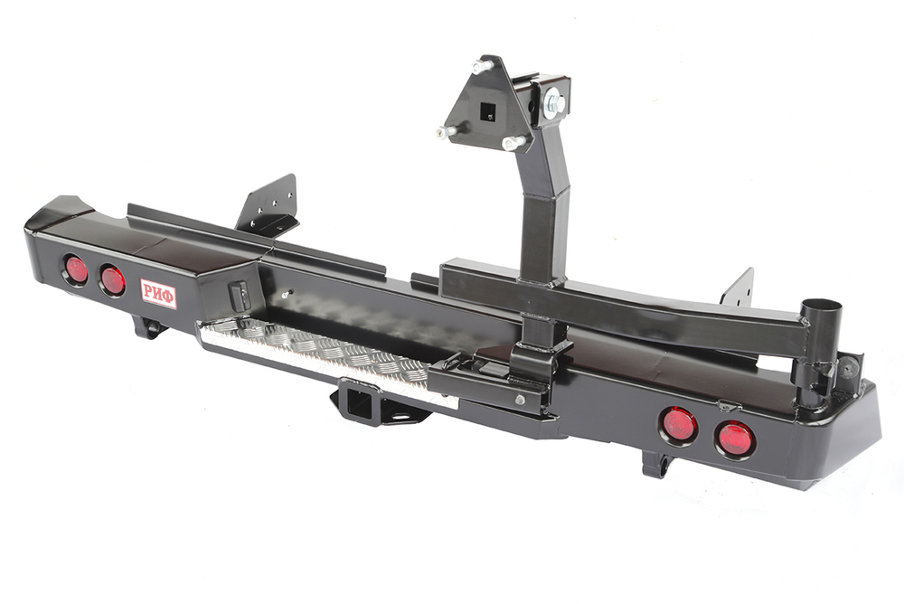 Бампер силовой задний Mitsubishi L200 2015-2019 с квадратом под фаркоп, калиткой и фонарями РИФ