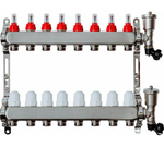 Коллекторная группа Grosseto с расходомерами 1"x¾" 8 выходов, нержавеющая сталь 10 бар универсальный кронштейн, автоматический воздухоотводчик