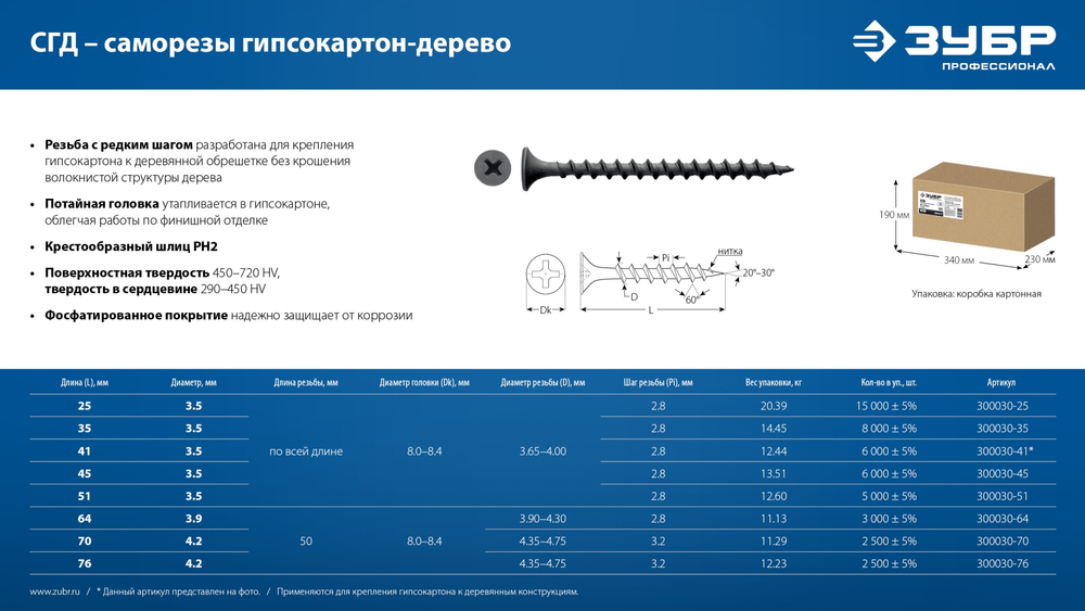 ЗУБР СГД 70 x 4.2 мм, саморез гипсокартон-дерево, фосфат., 11.29 кг (300030-70)