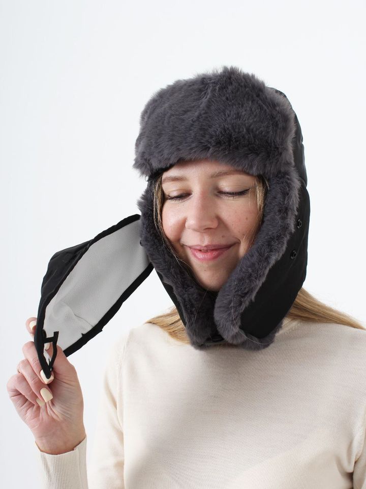 Шапка-ушанка с маской эко-мех (черный-серый)