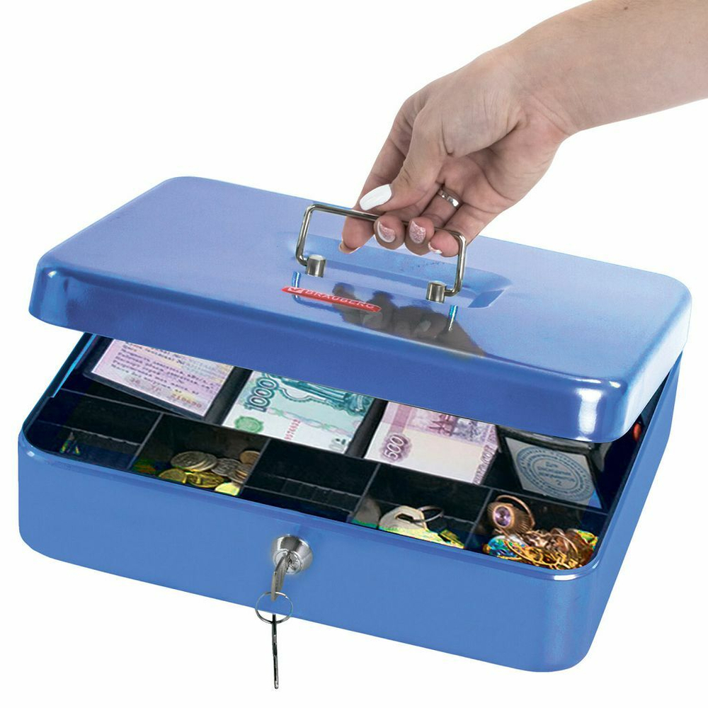 Ящик для денег, ценностей, документов, печатей, 90х240х300 мм, ключевой замок, синий, BRAUBERG