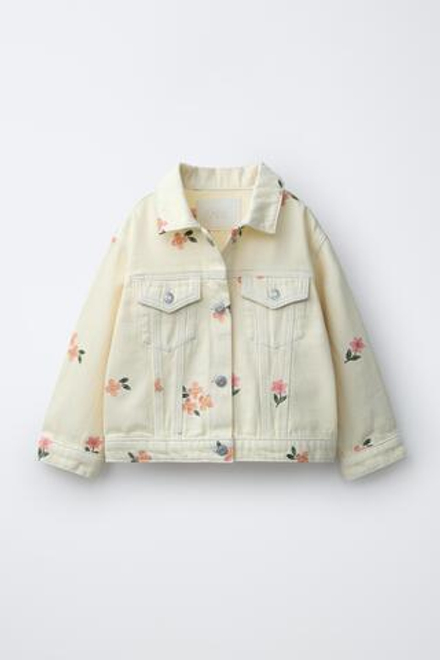 ZARA КУРТКА ИЗ САРЖИ С ВЫШИВКОЙ «ЦВЕТЫ», ЭКРЮ