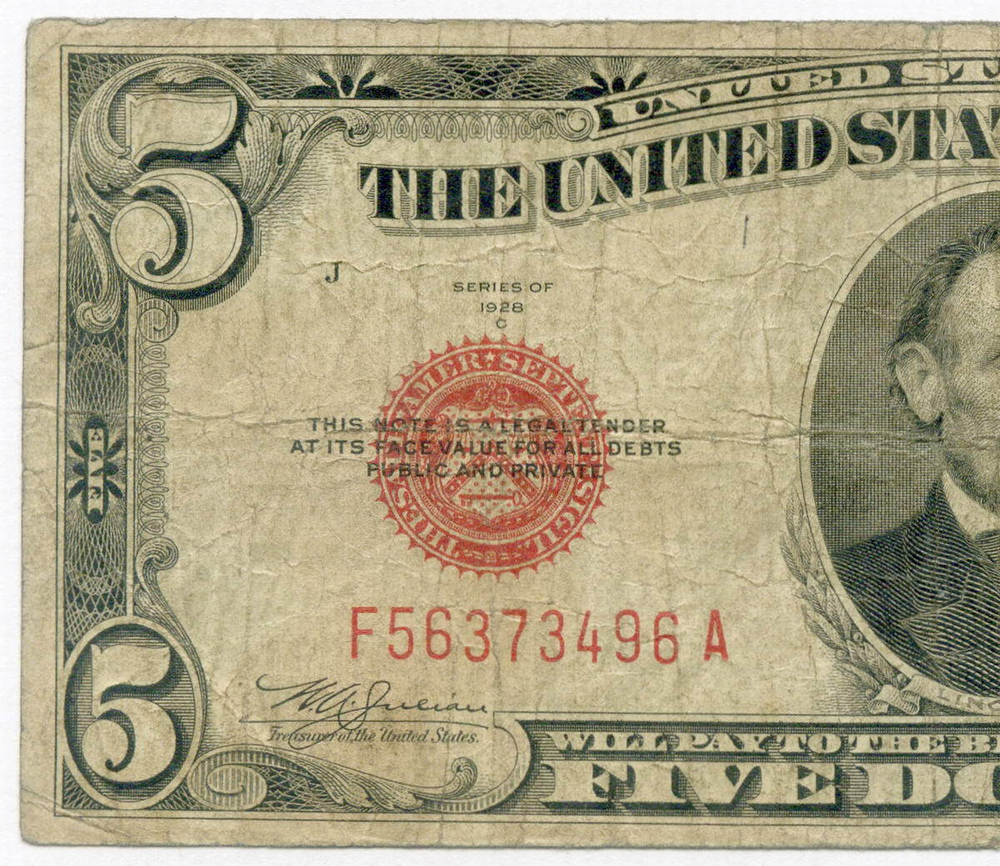 Банкнота США 5 долларов 1928C F 56373496 A. VG-F (красная печать)