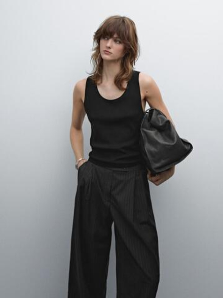 Massimo Dutti Топ из хлопкового трикотажа, черный