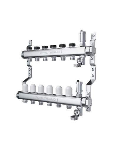 Коллектор Royal Thermo нерж. в сборе универсальный 1" ВР-3/4" НР с автомат. воздухоотвод-ми 5 вых.