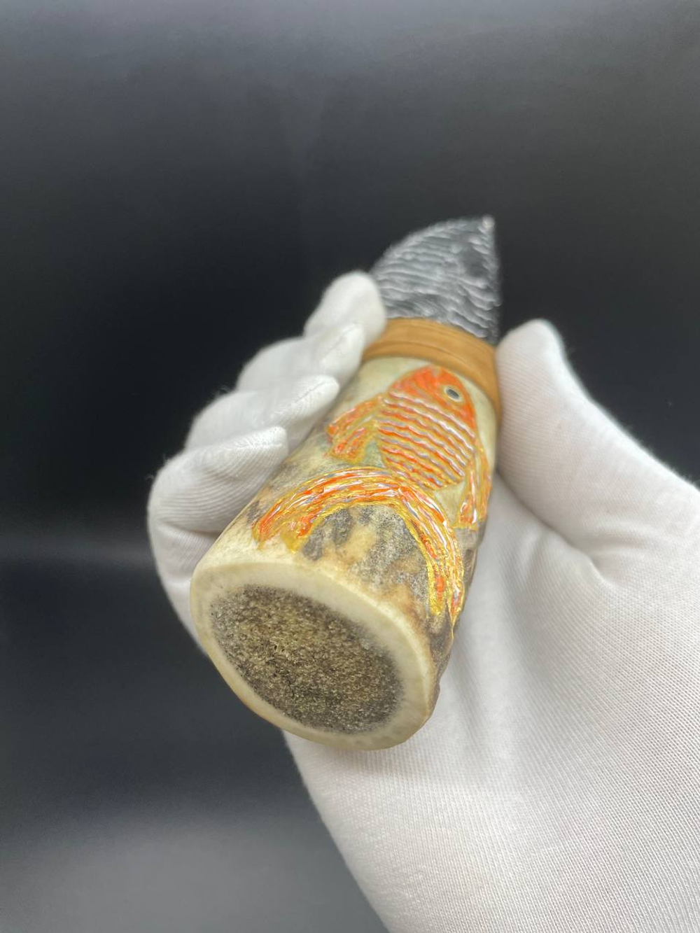 Обсидиановый нож с рукояткой из рога оленя с рисунком рыбы 17 см