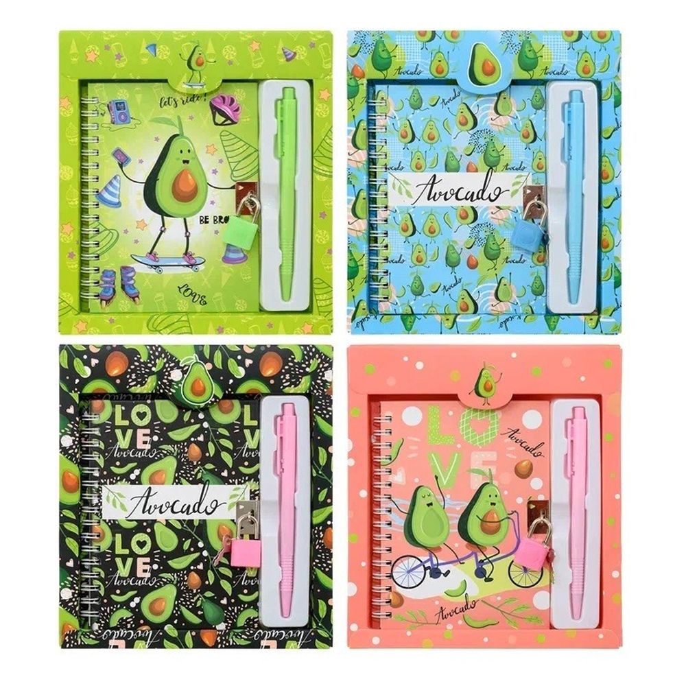 Блокнот детский Basir на замке, с ручкой, формат А6, серия "Авокадо", переплет 7БЦ, 11*14.5 см, 48 листов, 4 цвета ассорти