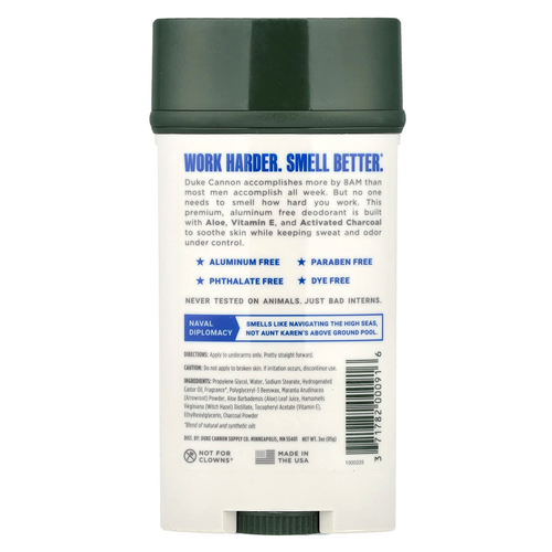 Duke Cannon Supply Co., Дезодорант без алюминия, Naval Diplomacy, бергамот и водный мускус, 85 г (3 унции)