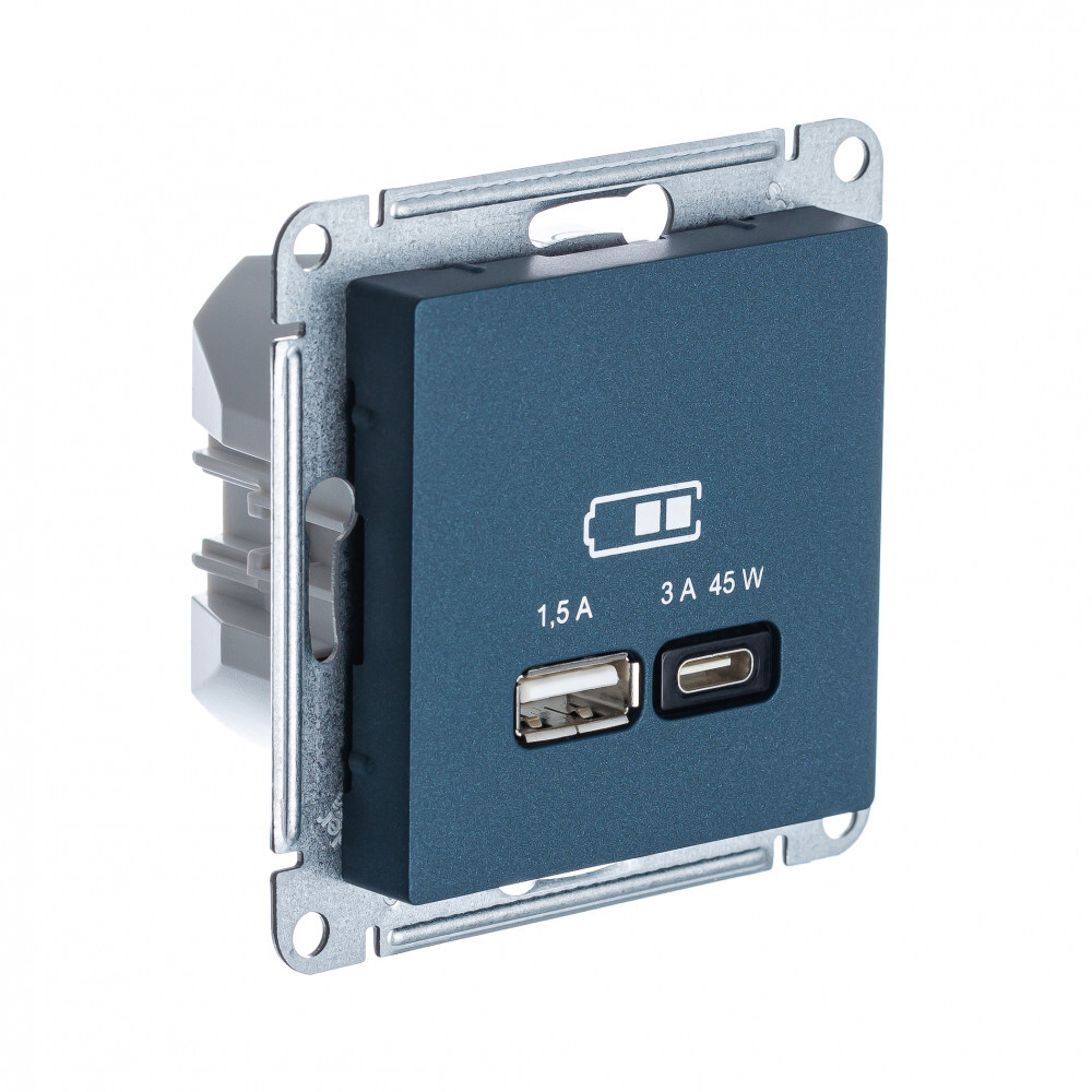 ATLASDESIGN USB РОЗЕТКА A + тип-C 45Вт высокоскор.заряд. QC,PD, мех., ИЗУМРУД ATN000829