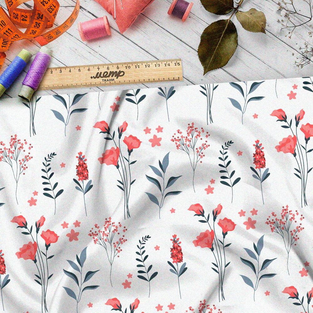 Ткань футер 2-х нитка коралловые цветы и листья на белом фоне