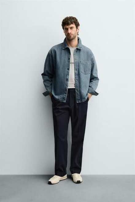 ZARA ДЖИНСОВАЯ РУБАШКА BOXY FIT, ЛИНЯЛЫЙ СИНИЙ