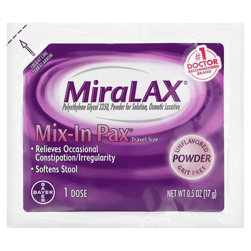 MiraLAX, Mix-In Pack, без зернистости, без добавок, 20 пакетиков по 17 г (0,5 унции)