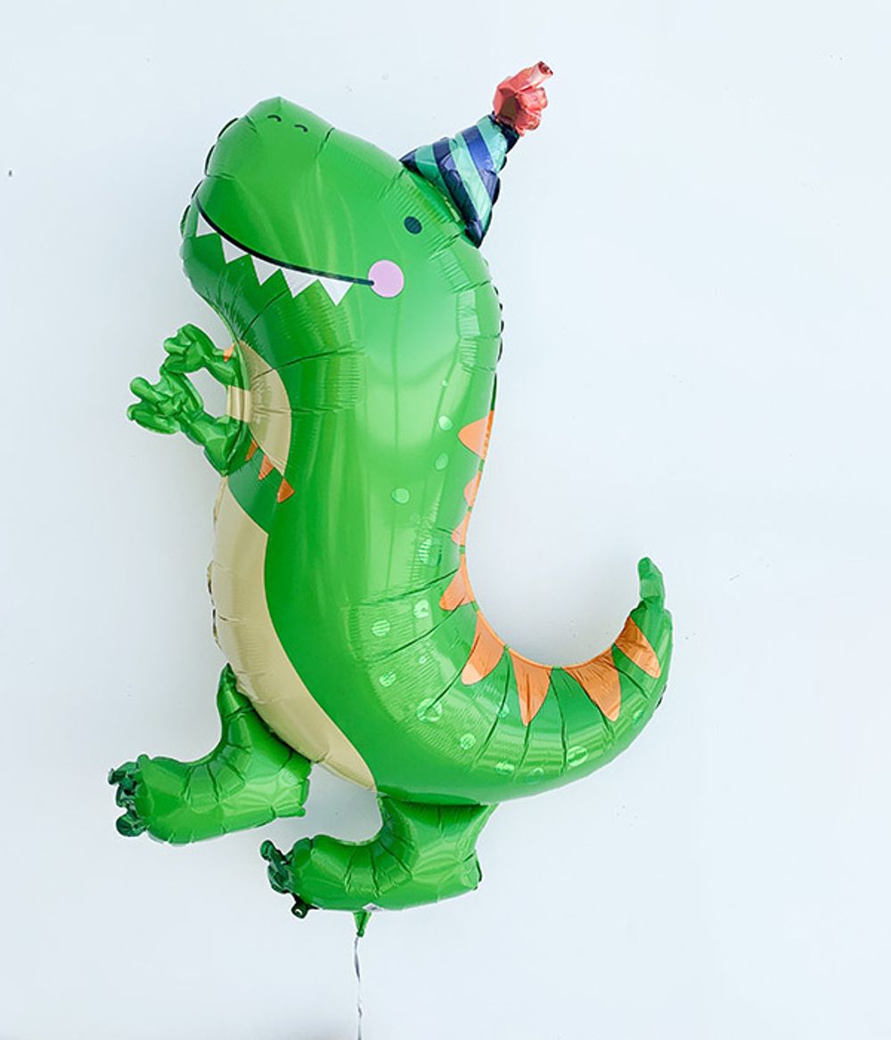 AN Шар фигура Динозавр в колпаке зеленый 26"/66CM х 34"/86CM (БГ-38)  Изображение4