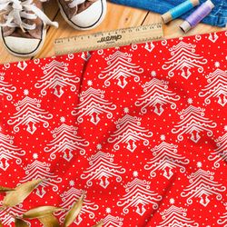 Ткань дюспо отзеркаленные белые ёлки на красном фоне