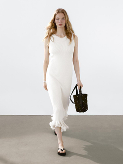 Massimo Dutti Трикотажное платье с бахромой по низу, натуральный, кремовый