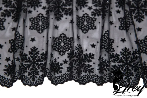 0142 ОПТ Кружево эластичное 19 см, Италия, флок, снежинки, черный