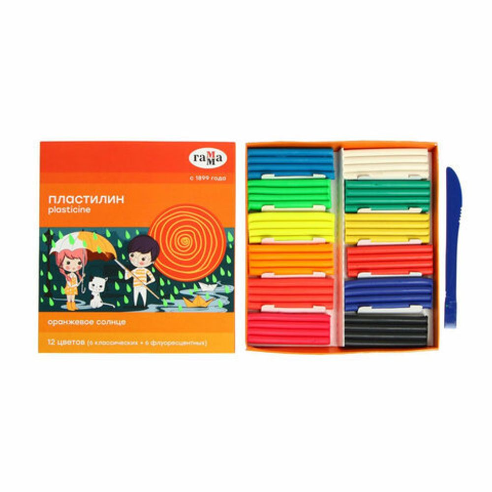 Пластилин классический ГАММА "Оранжевое солнце", 12 цветов, 6 классических + 6 флуоресцентных, 168 г, стек, 130520204