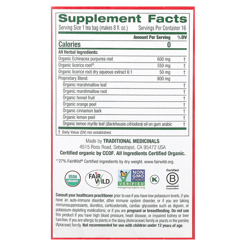 Traditional Medicinals, Organic Throat Cover®, лимон и эхинацея, без кофеина, 16 чайных пакетиков, 32 г (1,13 унции)