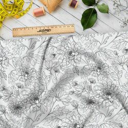 Ткань блэкаут нарисованные георгины на белом фоне