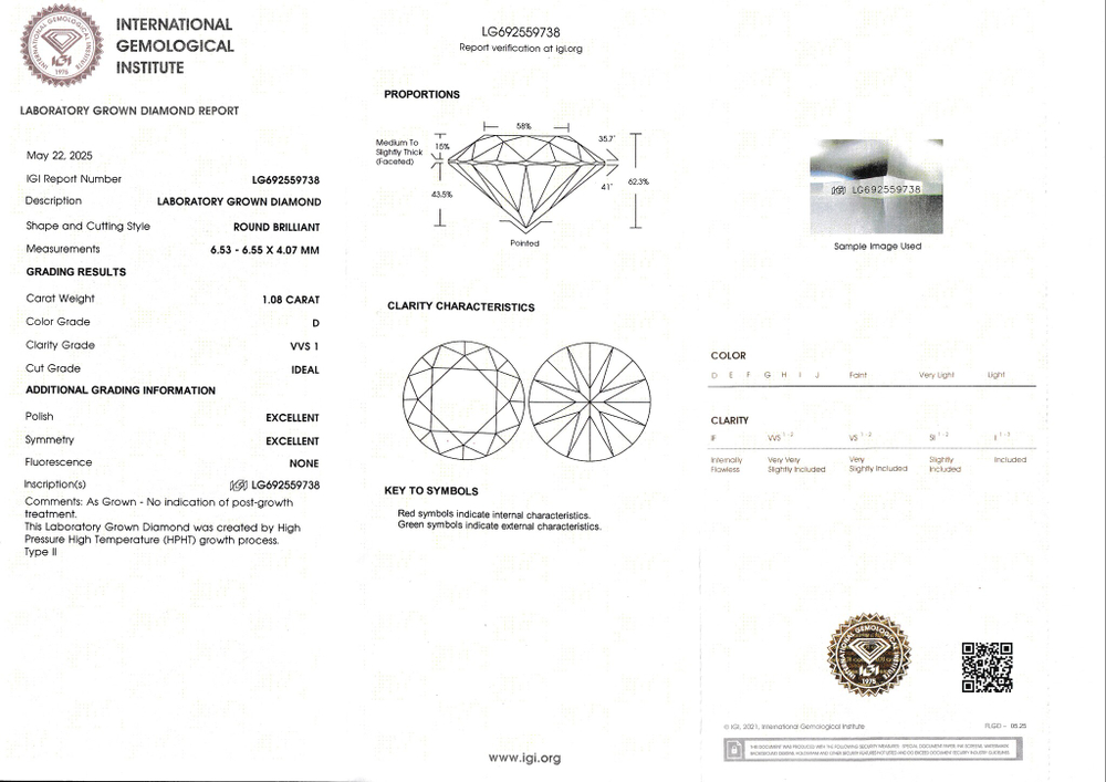 Лабораторно-выращенный бриллиант Кр-57 6.53-6.55 мм D/VVS1 1.08 ct