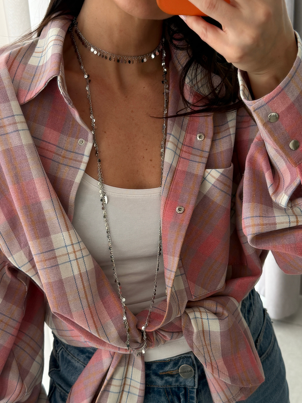 Рубашка трансформер в клетку нежно-розовая