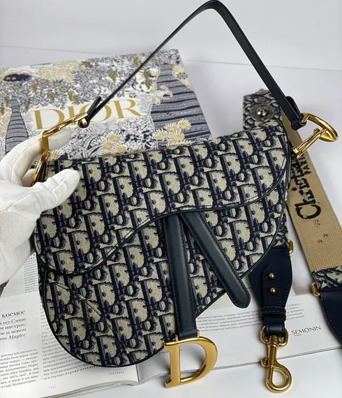 Сумка Dior Oblique жаккард синего цвета