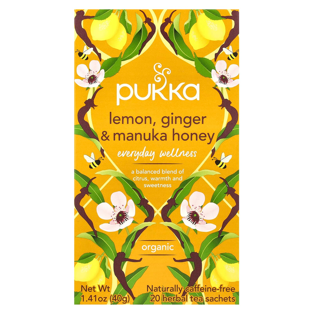 Pukka Herbs, органический травяной чай, лимон, имбирь и мед манука, без кофеина, 20 пакетиков, 40 г (1,41 унции)