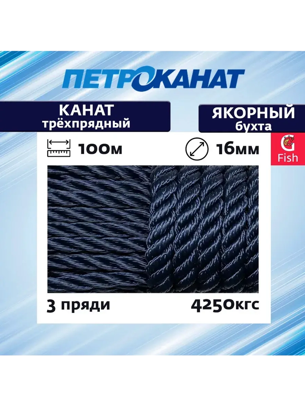 Швартовый трос (канат крученый) Петроканат ЯКОРНЫЙ 12,0 мм, темно-синий Navy Blue, 2200 кг, 30 м, евромоток