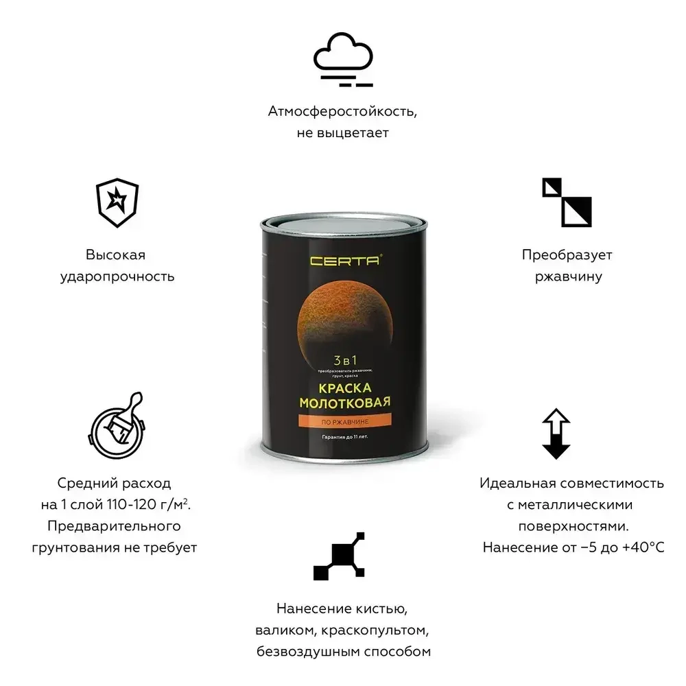 Грунт-эмаль 3 в 1, молотковая краска по металлу, по ржавчине, быстросохнущая, полуглянцевое покрытие, черная, 0,8 кг