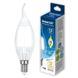 LED-CW35-7.5W-NW-E14-CL GLA01TR Лампа светодиодная. Форма свеча на ветру. прозрачная. Серия Air. Белый свет 4000K. Картон. ТМ Uniel