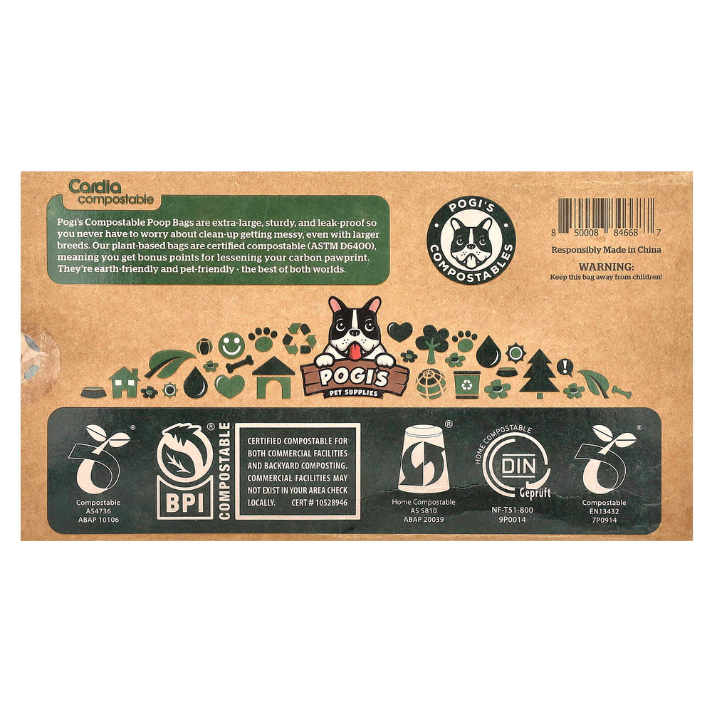 Pogi's Pet Supplies, Компостируемые пакеты из фекалий, 32 рулона, 480 пакетов с ручками