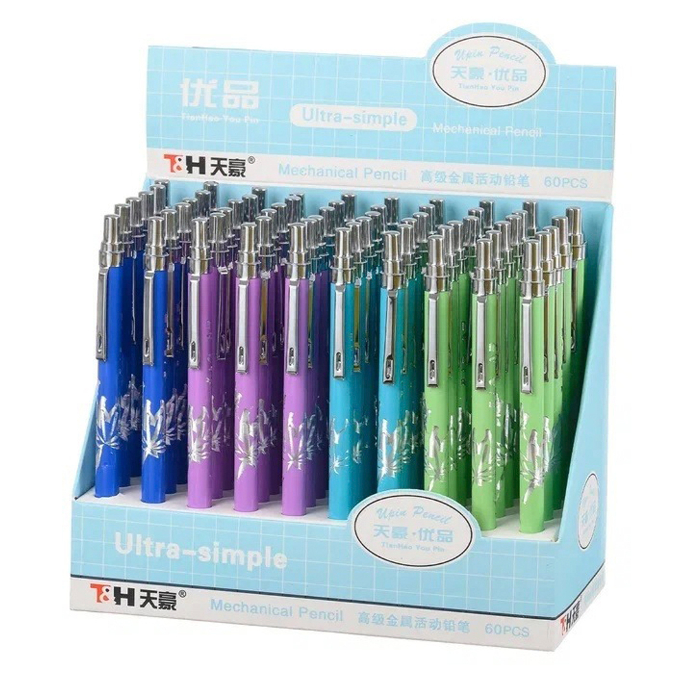 Карандаш автоматический, чернографитный, T&H, 4 цвета корпуса с серебристой насечкой, 60 шт