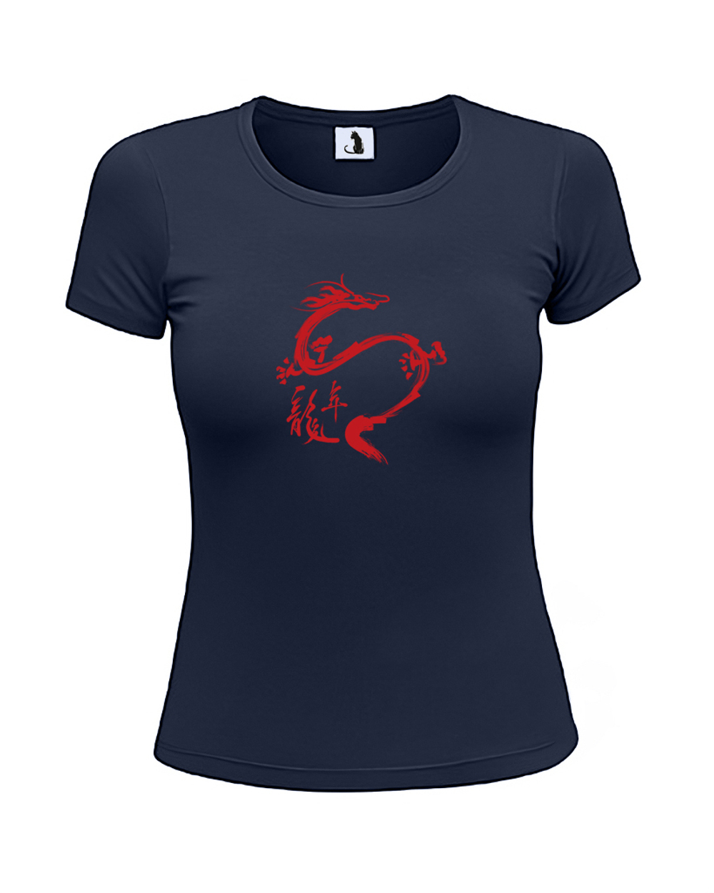Футболка Дракон женская приталенная темно-синяя с красным рисунком
