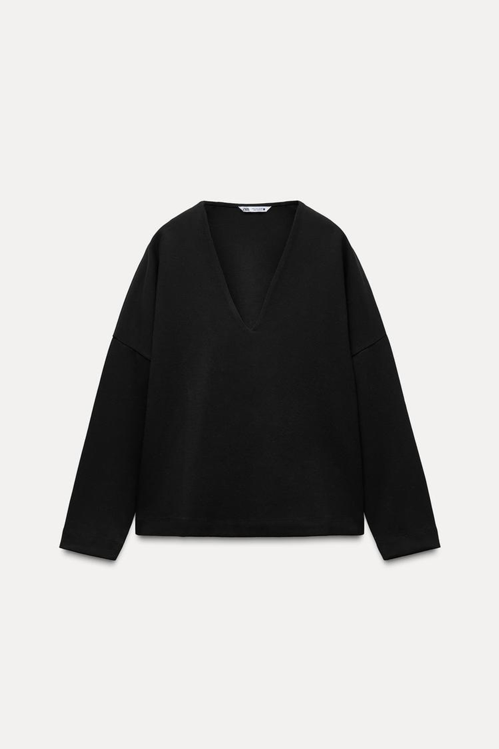 ZARA ТОП ИЗ ИНТЕРЛОКА С V-ОБРАЗНЫМ ВЫРЕЗОМ, ЧЕРНЫЙ